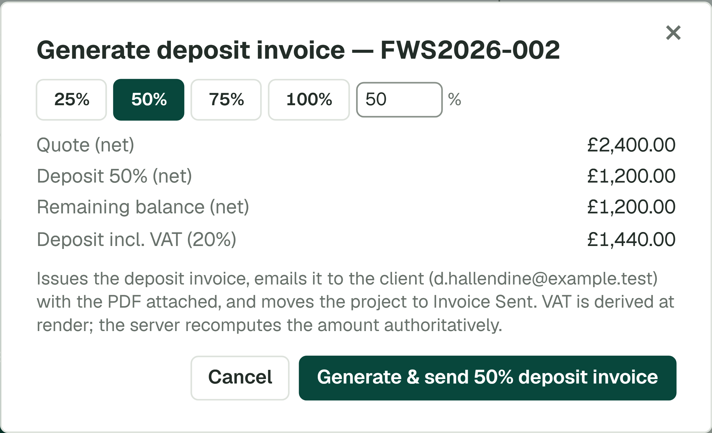The Generate deposit invoice box in ArchplanAI, at 50%
