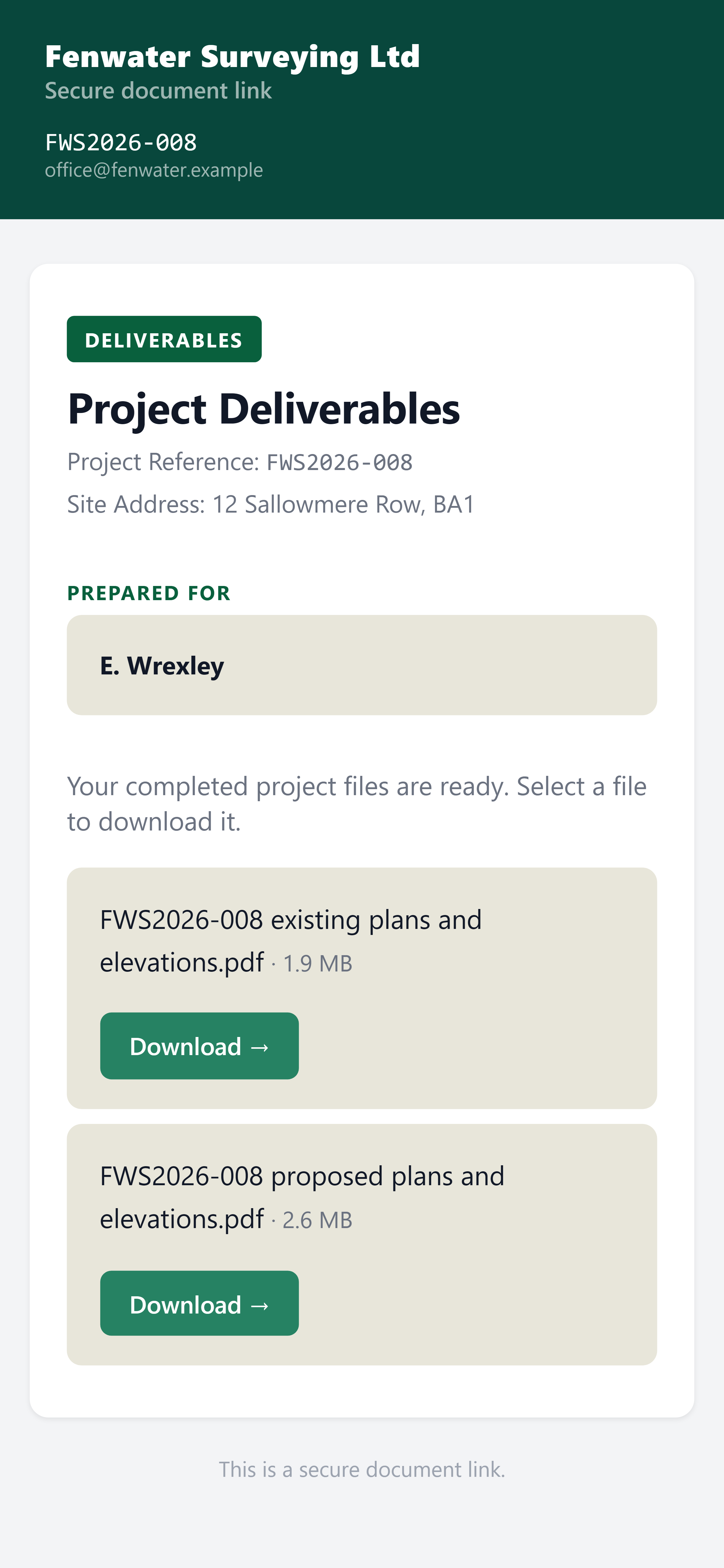 The client's download page for a project's finished files, on a phone