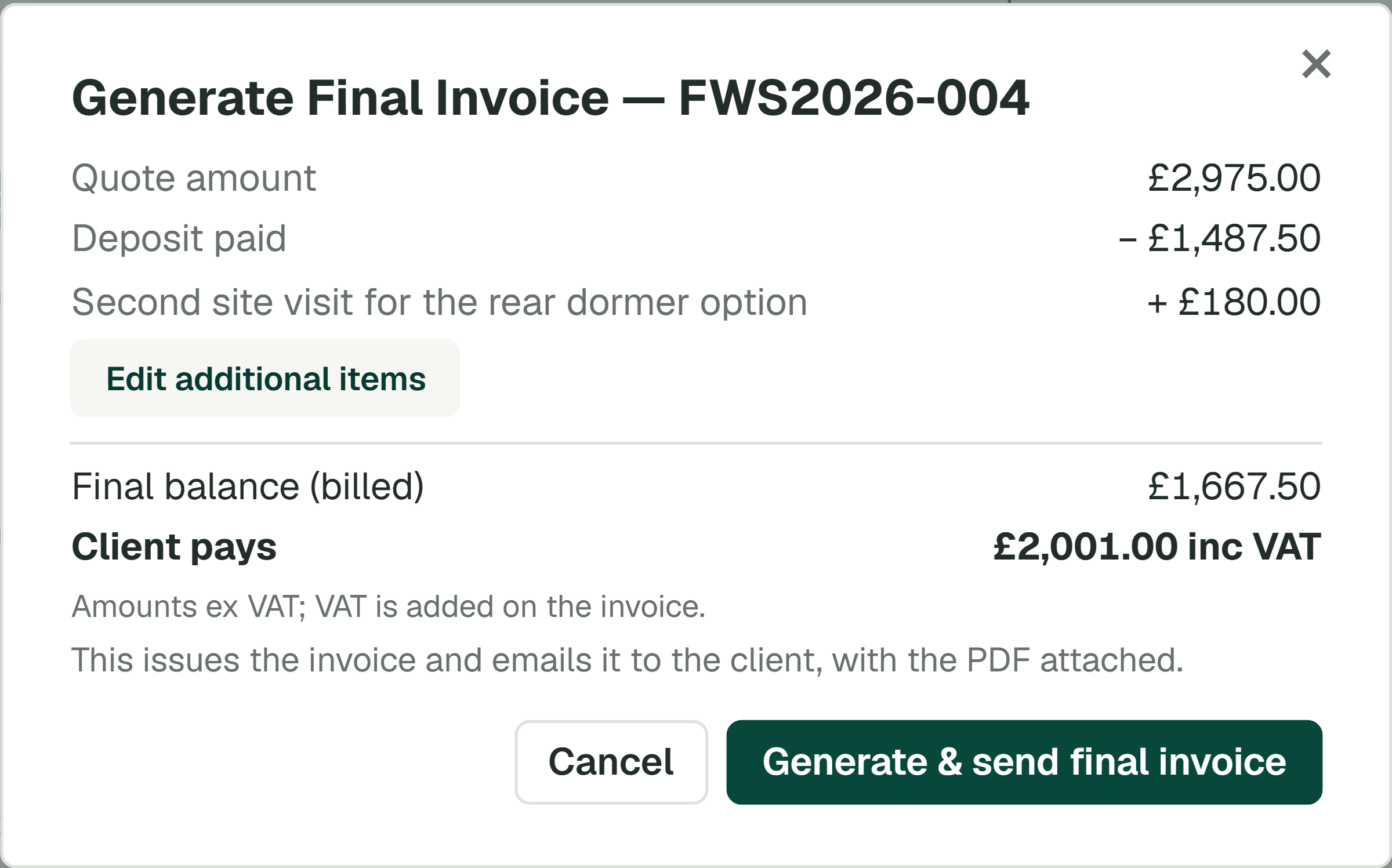 The Generate Final Invoice box in ArchplanAI: the quote, the deposit paid and one extra