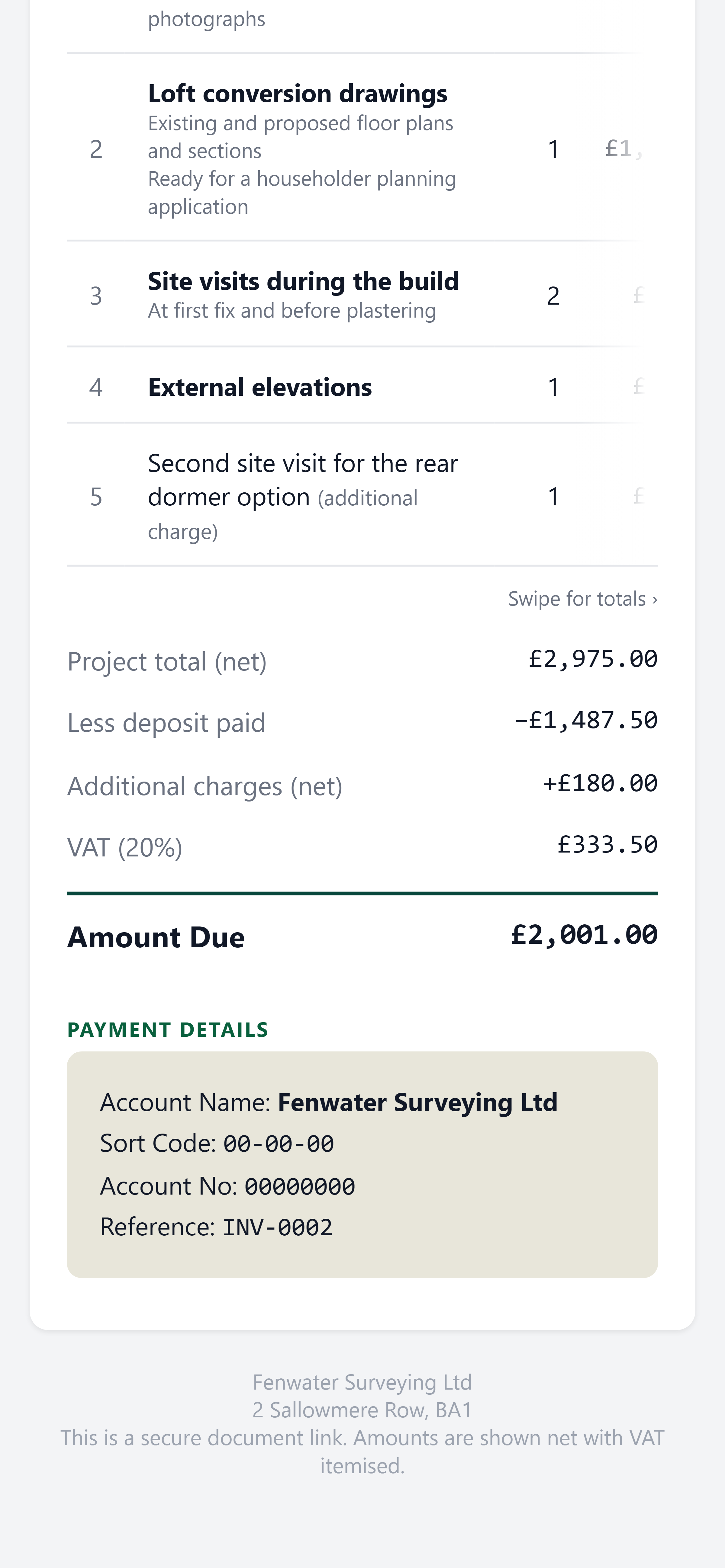 A final invoice with an extra and the amount due, as the client sees it on a phone