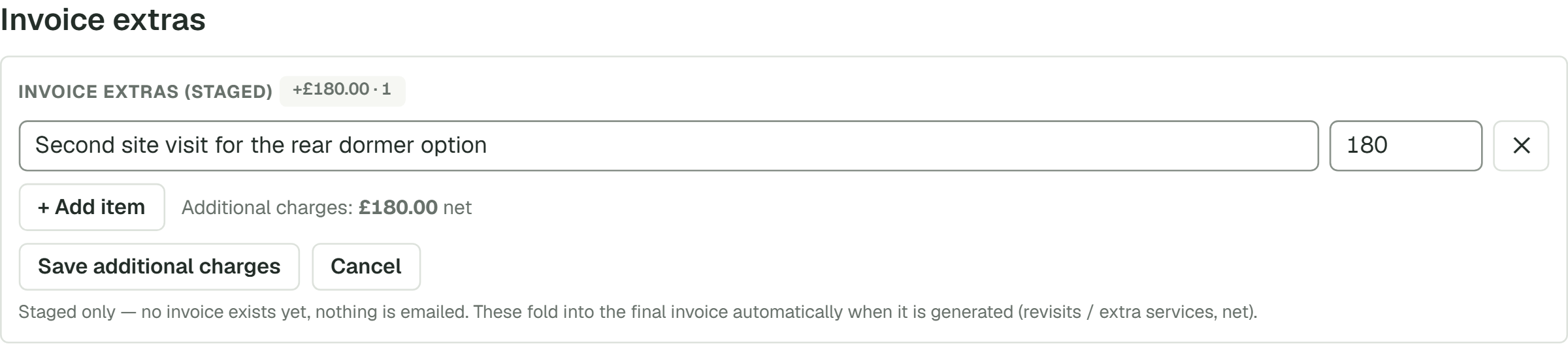 The Invoice extras card on a project's Billing tab in ArchplanAI, its editor open on one extra