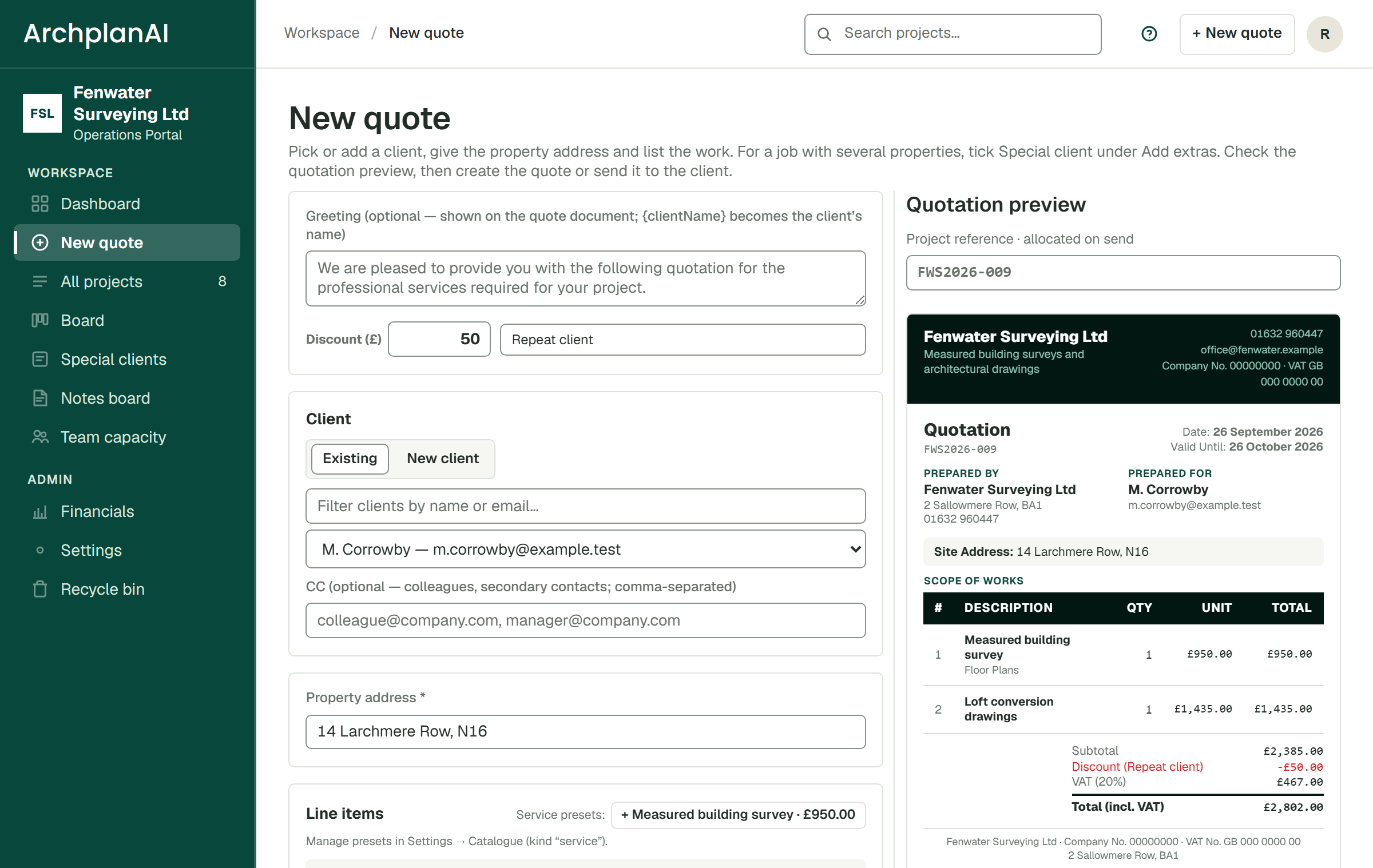 The ArchplanAI quote builder with its live document preview