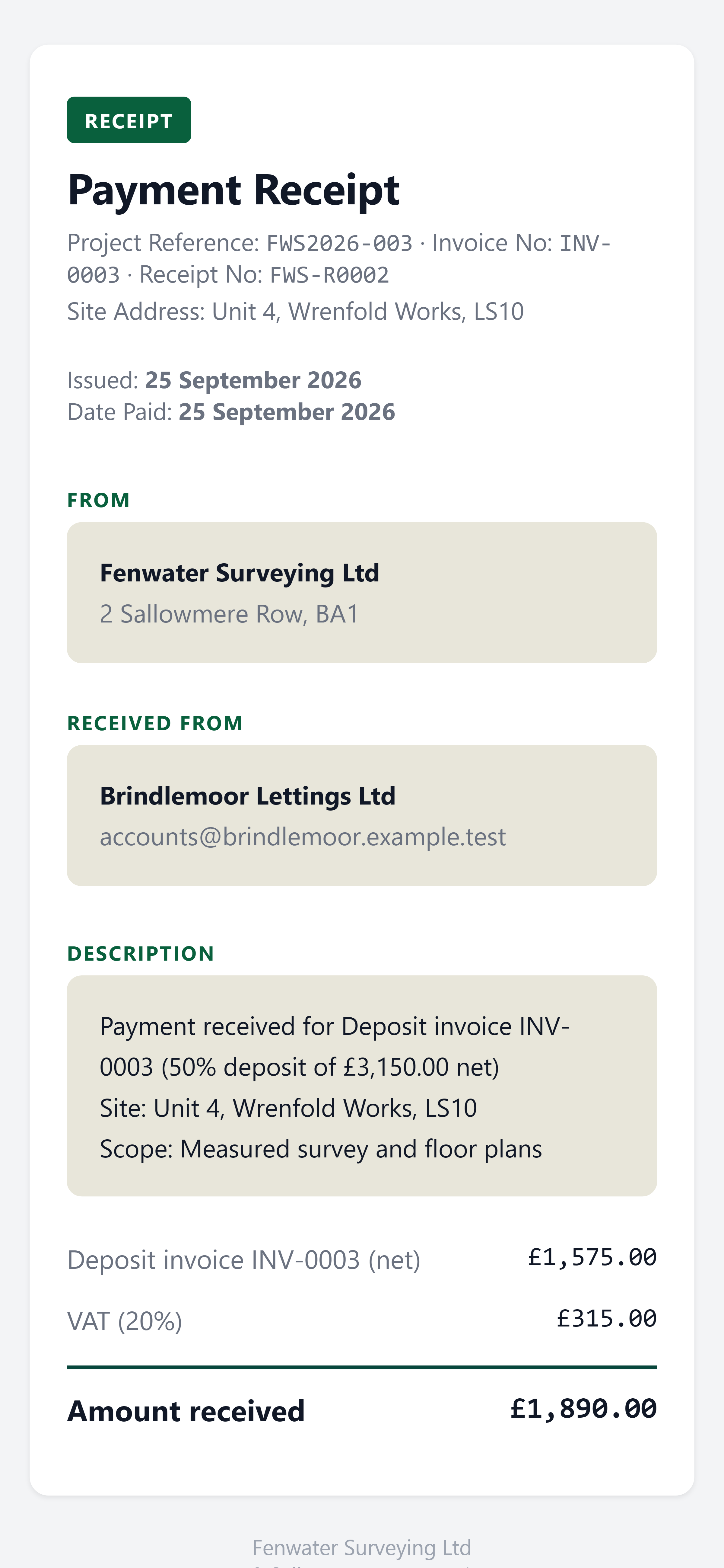 A receipt for a deposit, as the client sees it on a phone