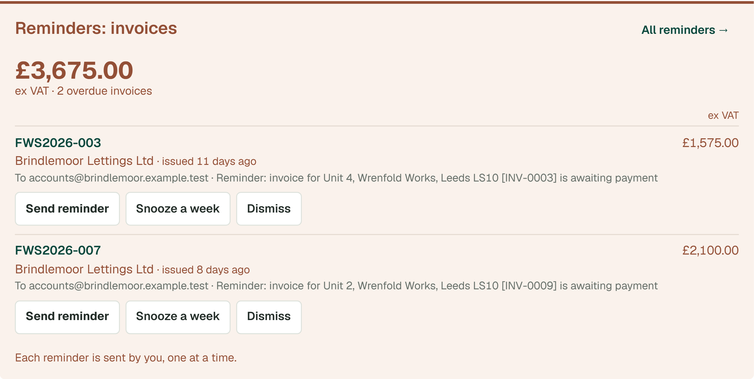 Overdue invoices under Reminders on the ArchplanAI dashboard, each with a Send reminder button