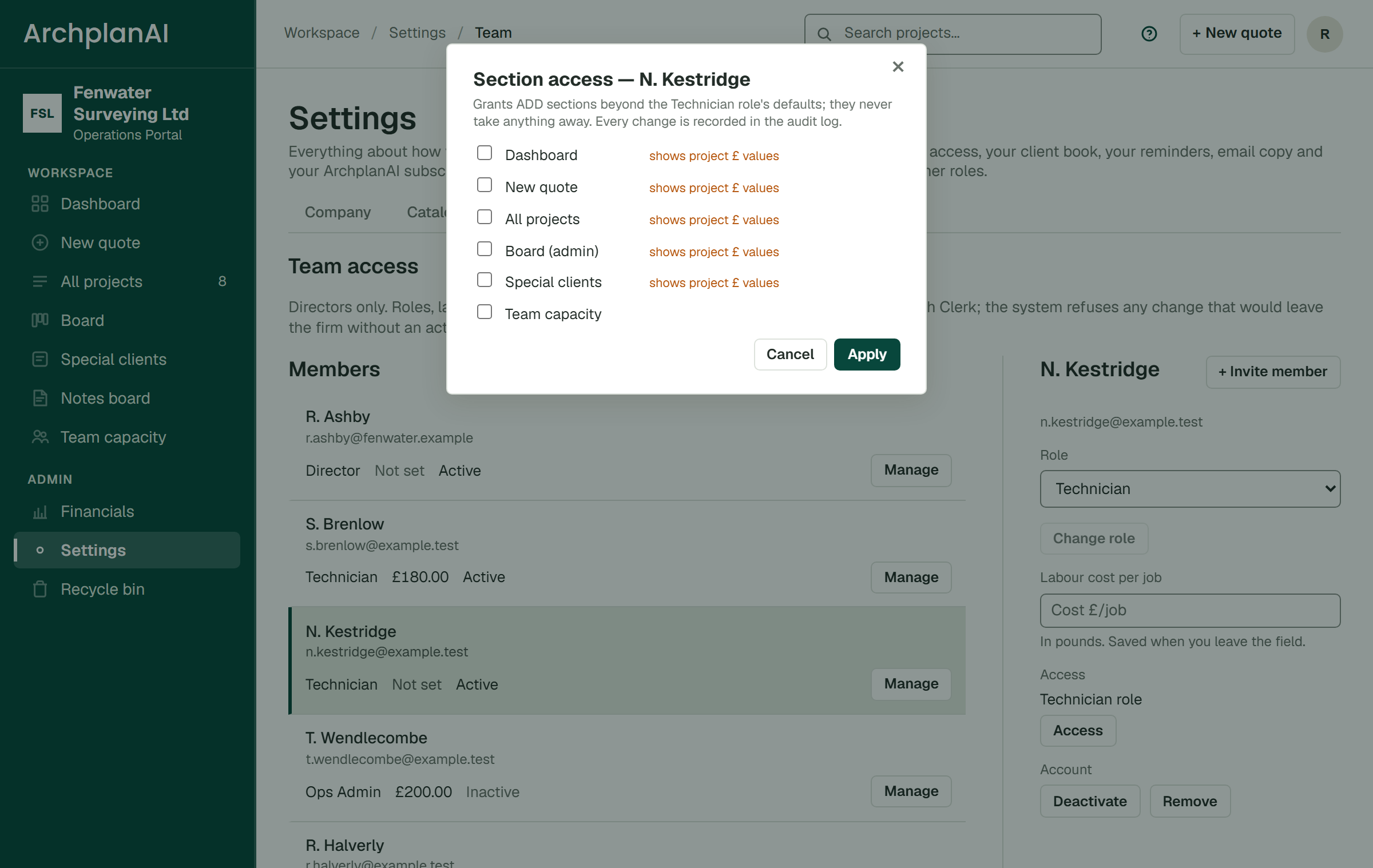 Team roles and section access in ArchplanAI