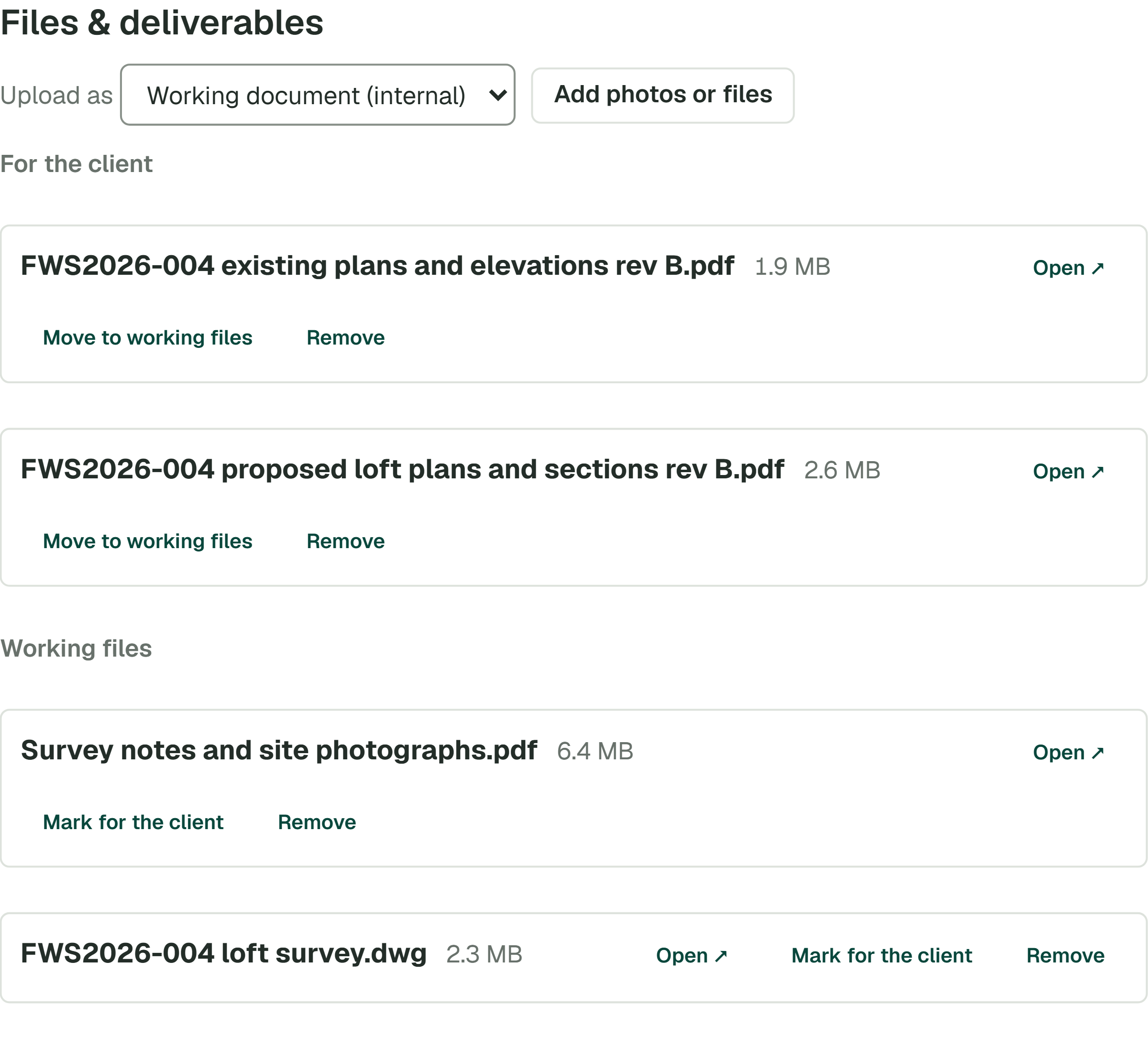 A project's Files & deliverables in ArchplanAI, with files for the client and working files